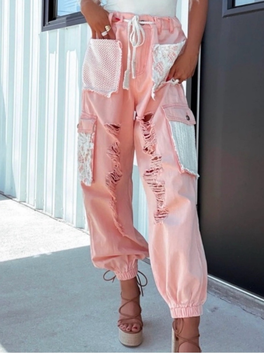 #1379 POL Pink Distressed Cargo Track Pants with Crochet Pockets - Picture 14 of 14
